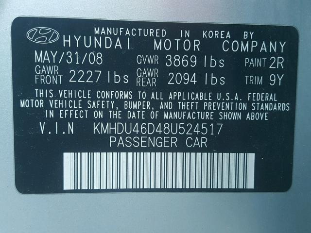 KMHDU46D48U524517 - 2008 HYUNDAI ELANTRA GL SILVER photo 10