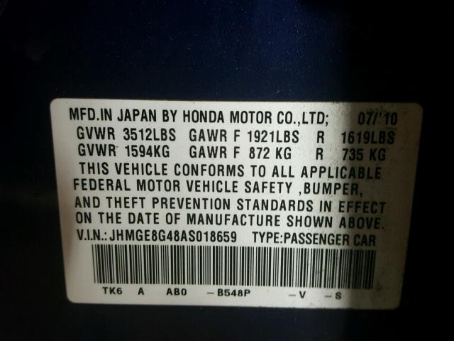 JHMGE8G48AS018659 - 2010 HONDA FIT SPORT BLUE photo 10