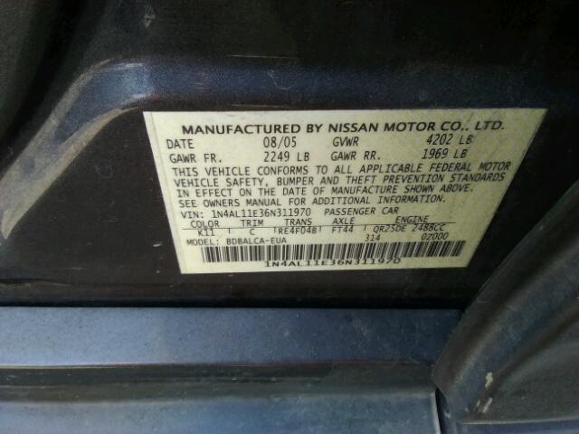 1N4AL11E36N311970 - 2006 NISSAN ALTIMA S GRAY photo 10