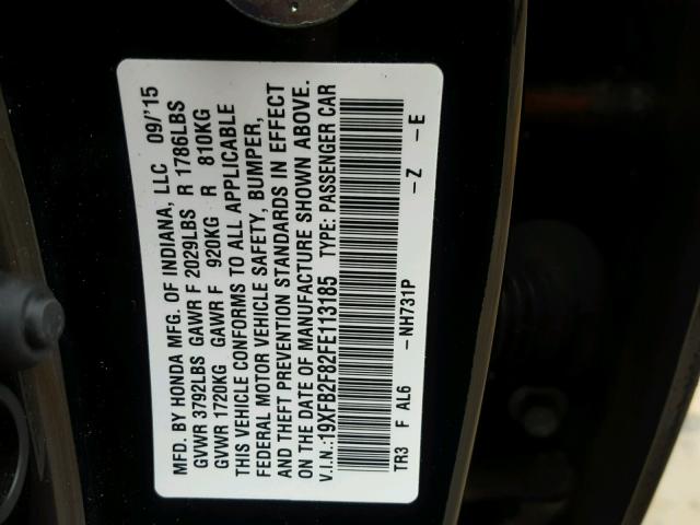 19XFB2F82FE113185 - 2015 HONDA CIVIC EX BLACK photo 10