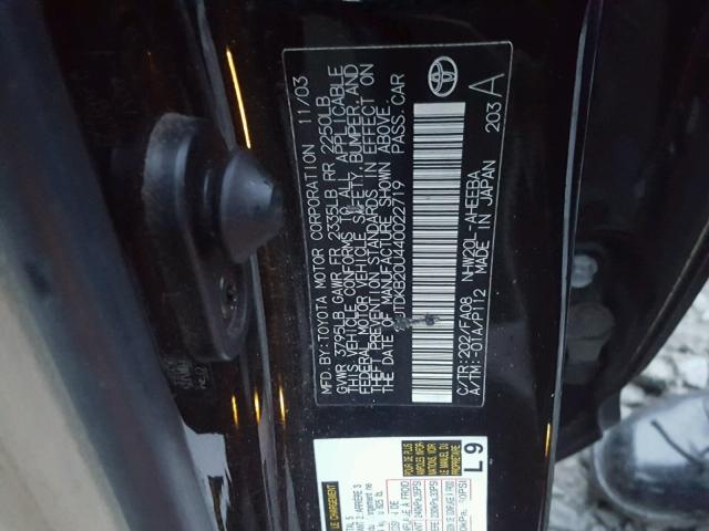 JTDKB20U440022719 - 2004 TOYOTA PRIUS BLACK photo 10