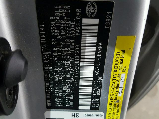 4T1BE46K79U400309 - 2009 TOYOTA CAMRY BASE SILVER photo 10