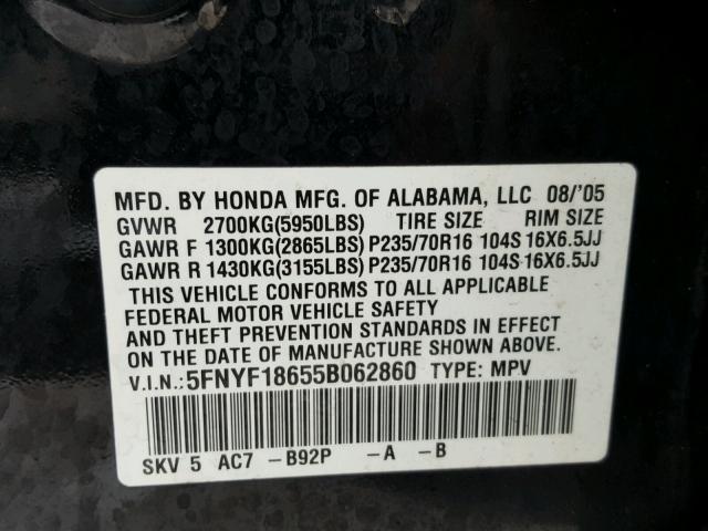 5FNYF18655B062860 - 2005 HONDA PILOT EXL BLACK photo 10