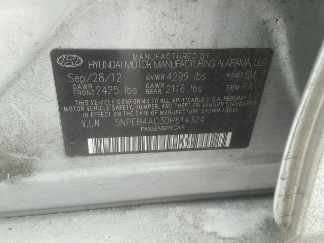 5NPEB4AC3DH614324 - 2013 HYUNDAI SONATA GLS SILVER photo 10