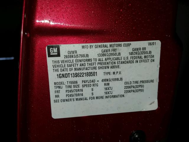 1GNDT13S622180501 - 2002 CHEVROLET TRAILBLAZE MAROON photo 10