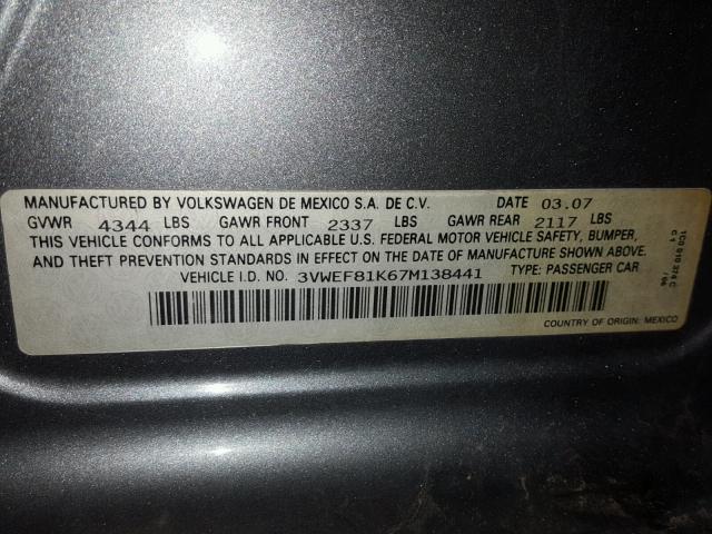 3VWEF81K67M138441 - 2007 VOLKSWAGEN JETTA WOLF GRAY photo 10