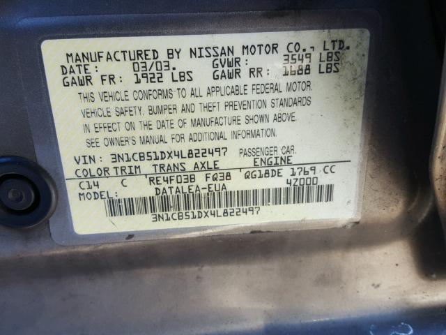 3N1CB51DX4L822497 - 2004 NISSAN SENTRA 1.8 TAN photo 10