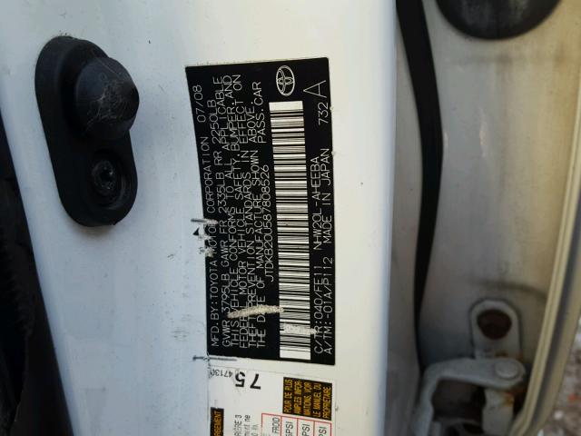 JTDKB20U587808526 - 2008 TOYOTA PRIUS WHITE photo 10