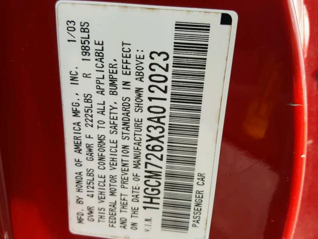 1HGCM726X3A012023 - 2003 HONDA ACCORD EX RED photo 10