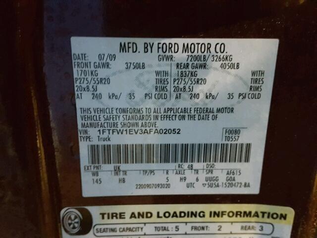 1FTFW1EV3AFA02052 - 2010 FORD F150 SUPER MAROON photo 10