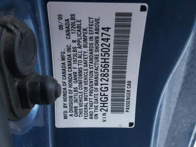 2HGFG12856H502474 - 2006 HONDA CIVIC EX BLUE photo 10