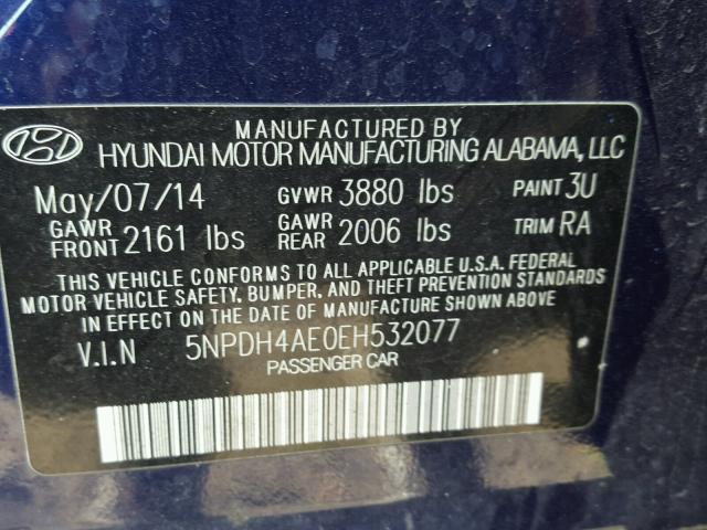 5NPDH4AE0EH532077 - 2014 HYUNDAI ELANTRA SE BLUE photo 10