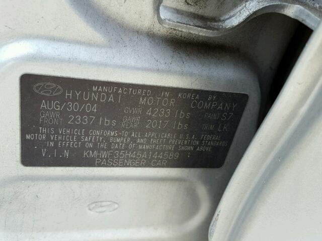 KMHWF35H45A144589 - 2005 HYUNDAI SONATA GLS SILVER photo 10