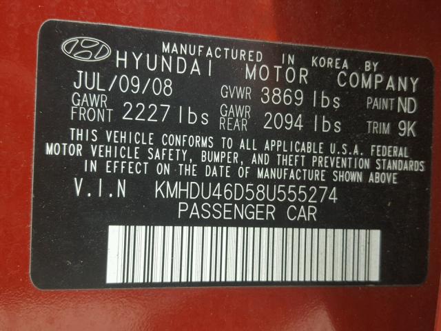 KMHDU46D58U555274 - 2008 HYUNDAI ELANTRA GL RED photo 10