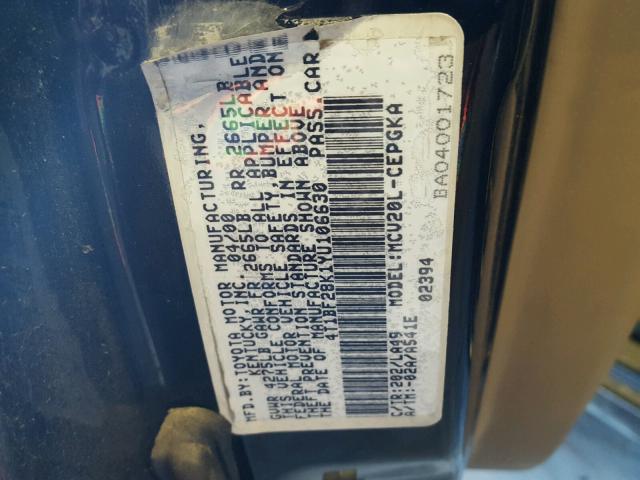 4T1BF28K1YU106630 - 2000 TOYOTA CAMRY LE შავი ფოტო 10