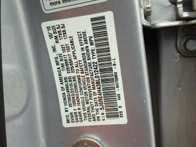 5J6RE4H43BL012422 - 2011 HONDA CR-V SE SILVER photo 10