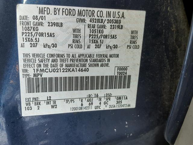 1FMCU02122KA14640 - 2002 FORD ESCAPE XLS BLUE photo 10