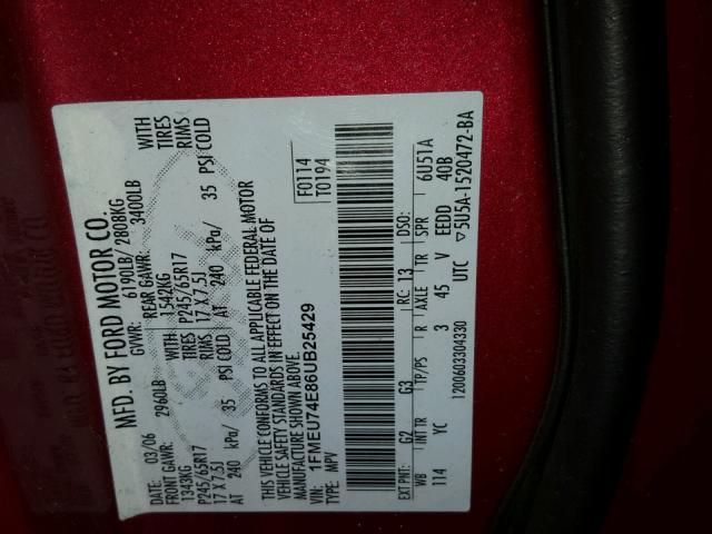 1FMEU74E86UB25429 - 2006 FORD EXPLORER E RED photo 10