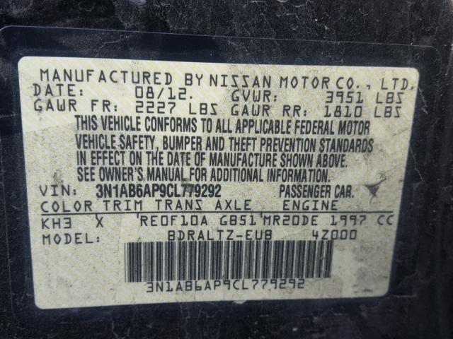 3N1AB6AP9CL779292 - 2012 NISSAN SENTRA 2.0 BLACK photo 10