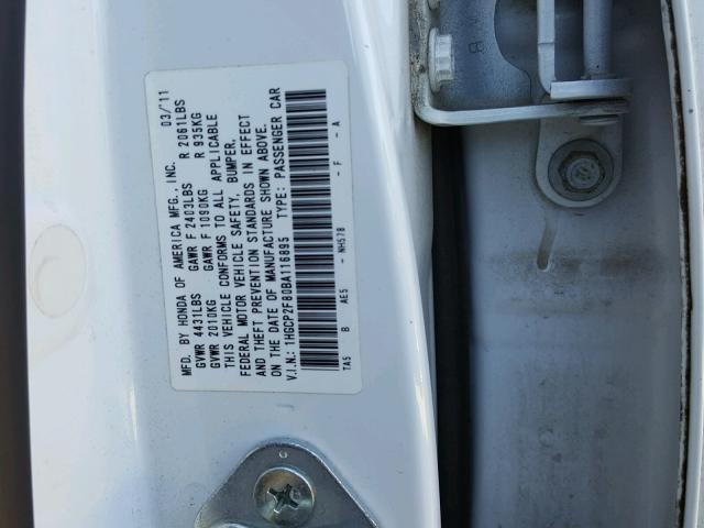 1HGCP2F80BA116895 - 2011 HONDA ACCORD EXL WHITE photo 10