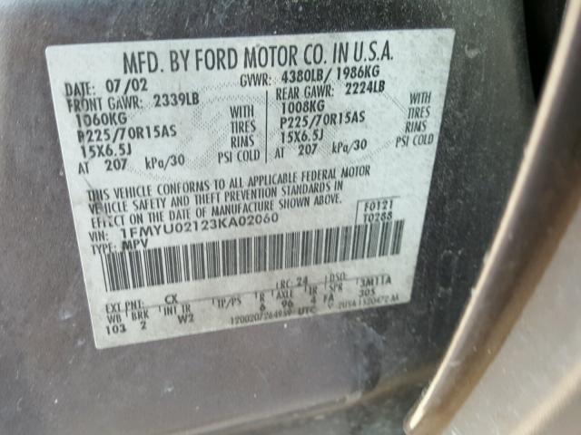 1FMYU02123KA02060 - 2003 FORD ESCAPE XLS GRAY photo 10