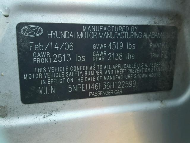 5NPEU46F36H122599 - 2006 HYUNDAI SONATA GLS SILVER photo 10