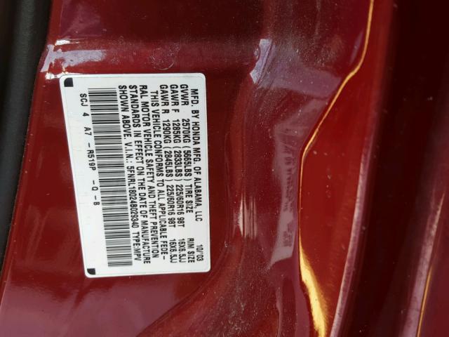 5FNRL18024B029340 - 2004 HONDA ODYSSEY EX RED photo 10