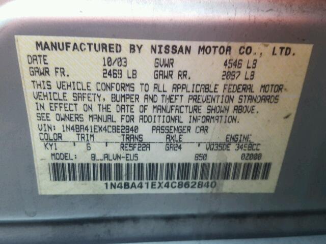 1N4BA41EX4C862840 - 2004 NISSAN MAXIMA SE SILVER photo 10