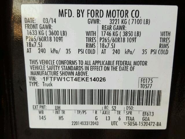 1FTFW1CT4EKE14026 - 2014 FORD F150 SUPER BLACK photo 10