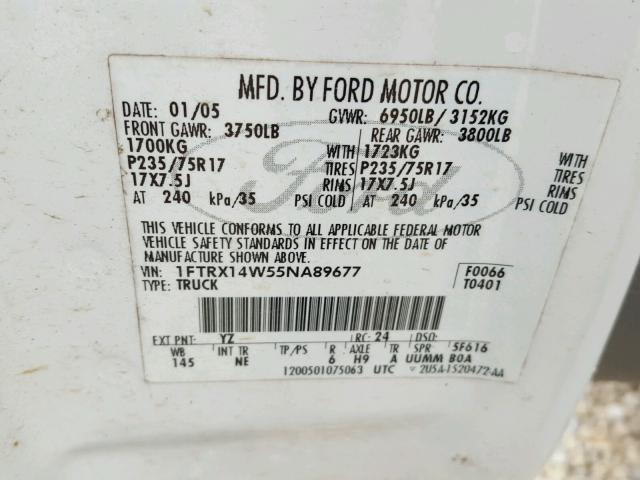 1FTRX14W55NA89677 - 2005 FORD F150 WHITE photo 10