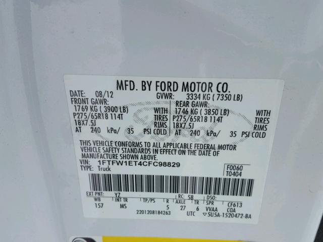 1FTFW1ET4CFC98829 - 2012 FORD F150 SUPER WHITE photo 10