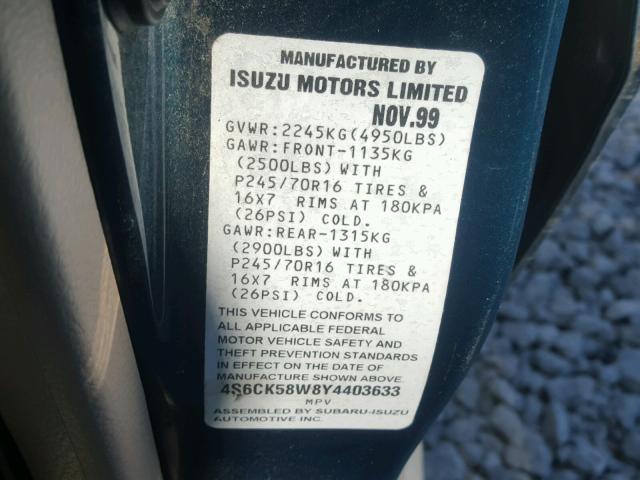 4S6CK58W8Y4403633 - 2000 HONDA PASSPORT E 绿色 照片 10