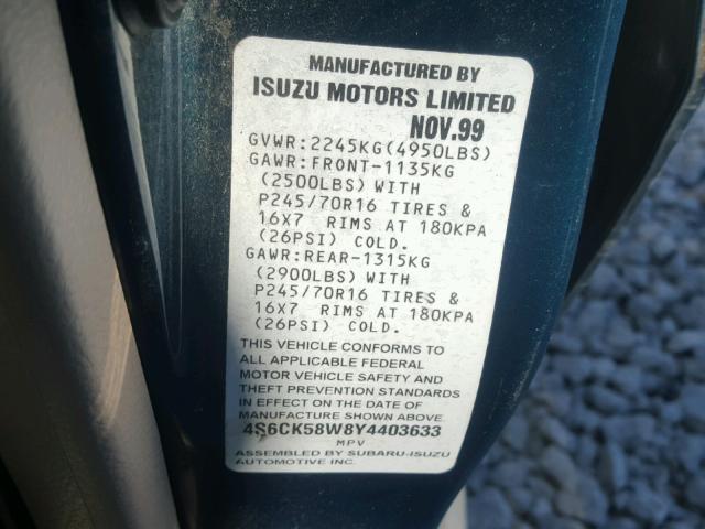 4S6CK58W8Y4403633 - 2000 HONDA PASSPORT E GREEN photo 10