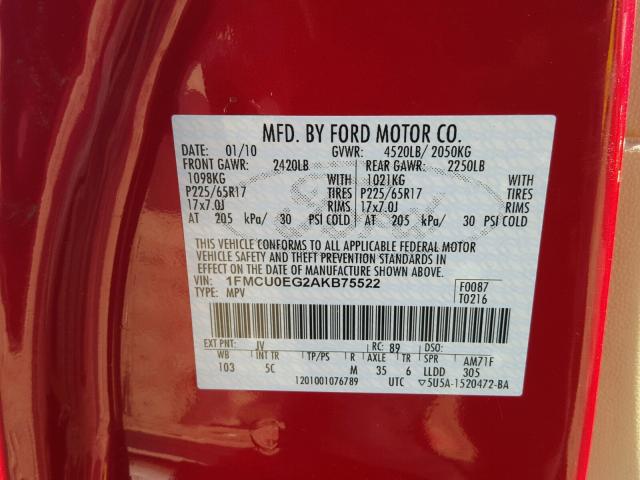 1FMCU0EG2AKB75522 - 2010 FORD ESCAPE LIM RED photo 10