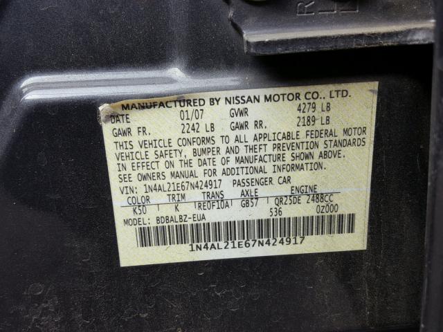 1N4AL21E67N424917 - 2007 NISSAN ALTIMA 2.5 CHARCOAL photo 10