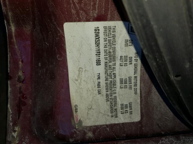 1G3WX52H1YF311693 - 2000 OLDSMOBILE INTRIGUE G RED photo 10