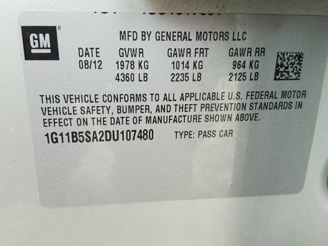 1G11B5SA2DU107480 - 2013 CHEVROLET MALIBU LS SILVER photo 10