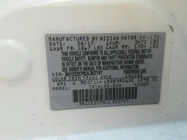 3N1CE2CP0JL352747 - 2018 NISSAN VERSA NOTE WHITE photo 10