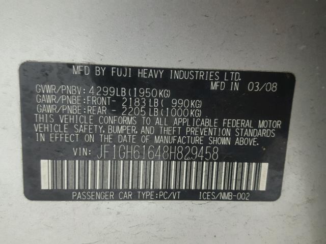 JF1GH61648H829458 - 2008 SUBARU IMPREZA 2. SILVER photo 10