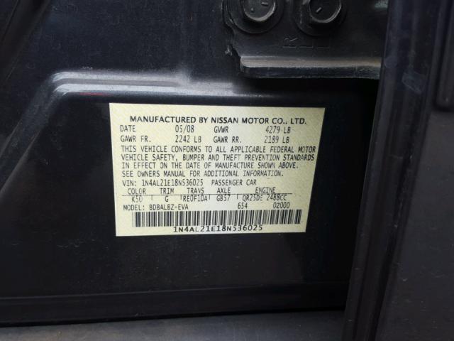 1N4AL21E18N536025 - 2008 NISSAN ALTIMA 2.5 GRAY photo 10