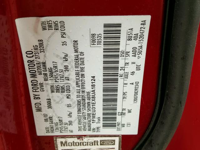 1FMEU31EX8UA18124 - 2008 FORD EXPLORER S 红色 照片 10