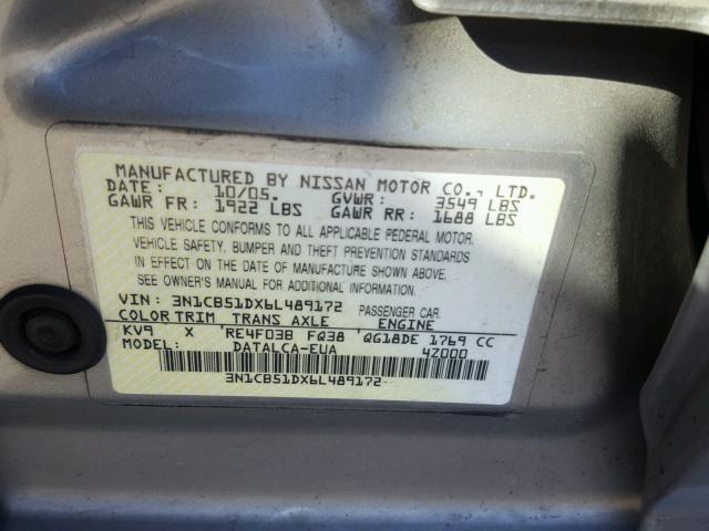 3N1CB51DX6L489172 - 2006 NISSAN SENTRA 1.8 GOLD photo 10