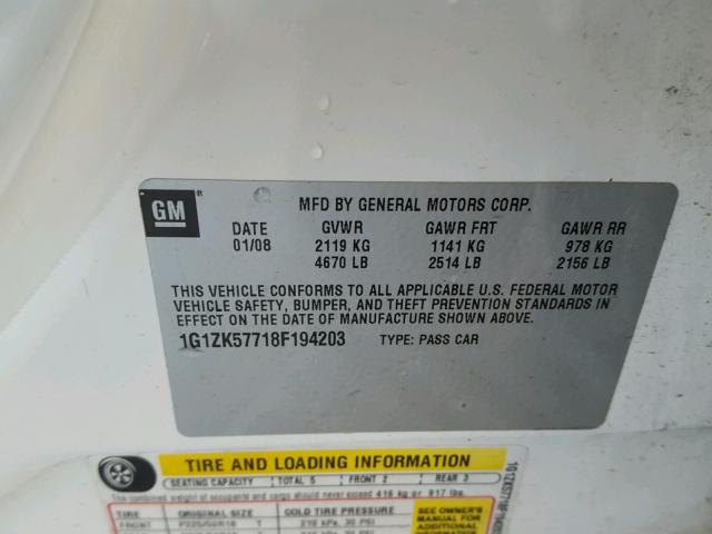 1G1ZK57718F194203 - 2008 CHEVROLET MALIBU LTZ 白色 照片 10