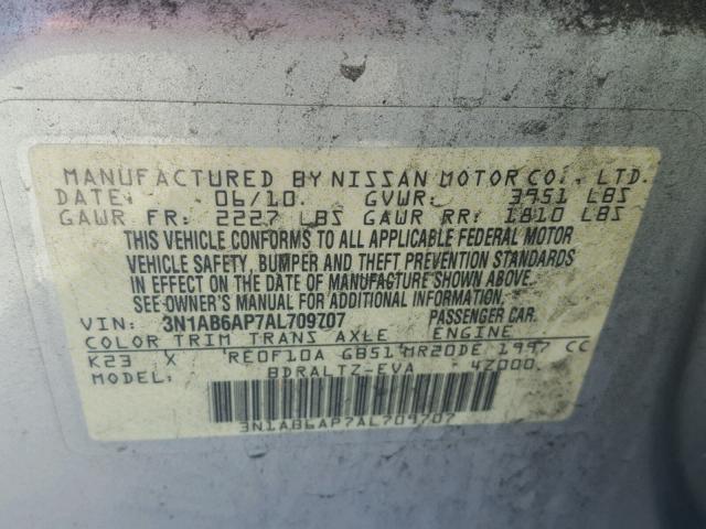 3N1AB6AP7AL709707 - 2010 NISSAN SENTRA 2.0 SILVER photo 10