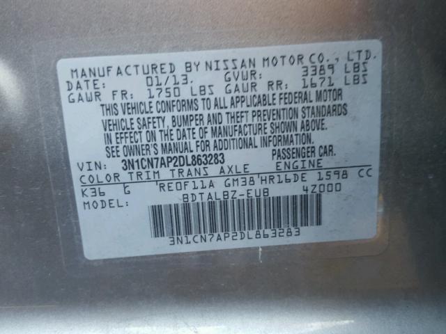 3N1CN7AP2DL863283 - 2013 NISSAN VERSA S SILVER photo 10