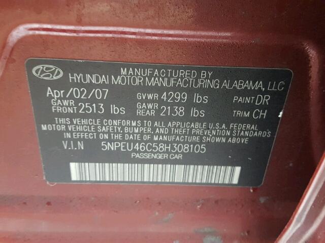 5NPEU46C58H308105 - 2008 HYUNDAI SONATA SE BURGUNDY photo 10