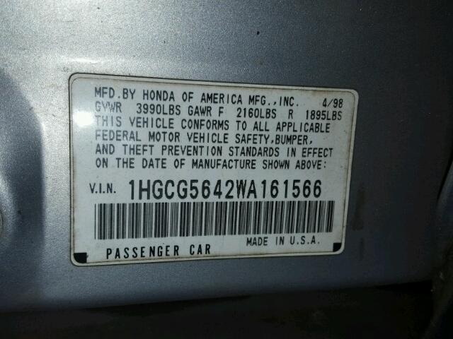 1HGCG5642WA161566 - 1998 HONDA ACCORD LX SILVER photo 10