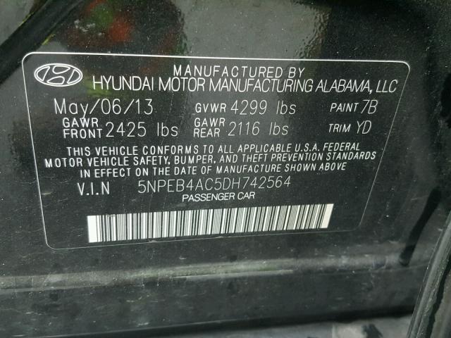 5NPEB4AC5DH742564 - 2013 HYUNDAI SONATA GLS BLACK photo 10