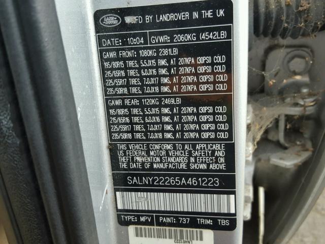 SALNY22265A461223 - 2005 LAND ROVER FREELANDER GRAY photo 10