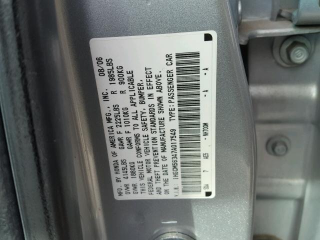 1HGCM56347A017549 - 2007 HONDA ACCORD SE SILVER photo 10